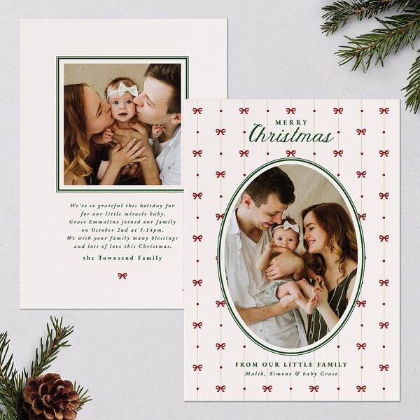 Christmas Bow Pattern Holiday Cards Jewel Red Signature Blank Standard Portrait