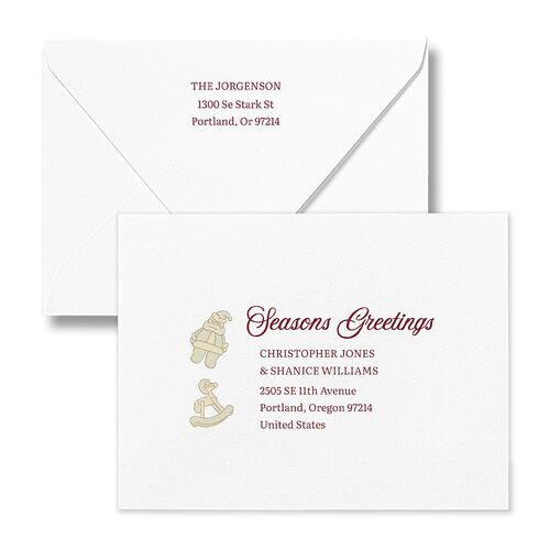 Vintage Holiday Wreath Thank You Card Euro Envelopes White Merlot Both Recipient and Return Addresses Luxe Signature