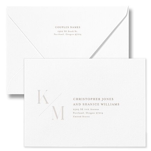 Monogram Slant Wedding Invitation Euro Envelopes White Luxe Fawn Both Recipient and Return Addresses Signature