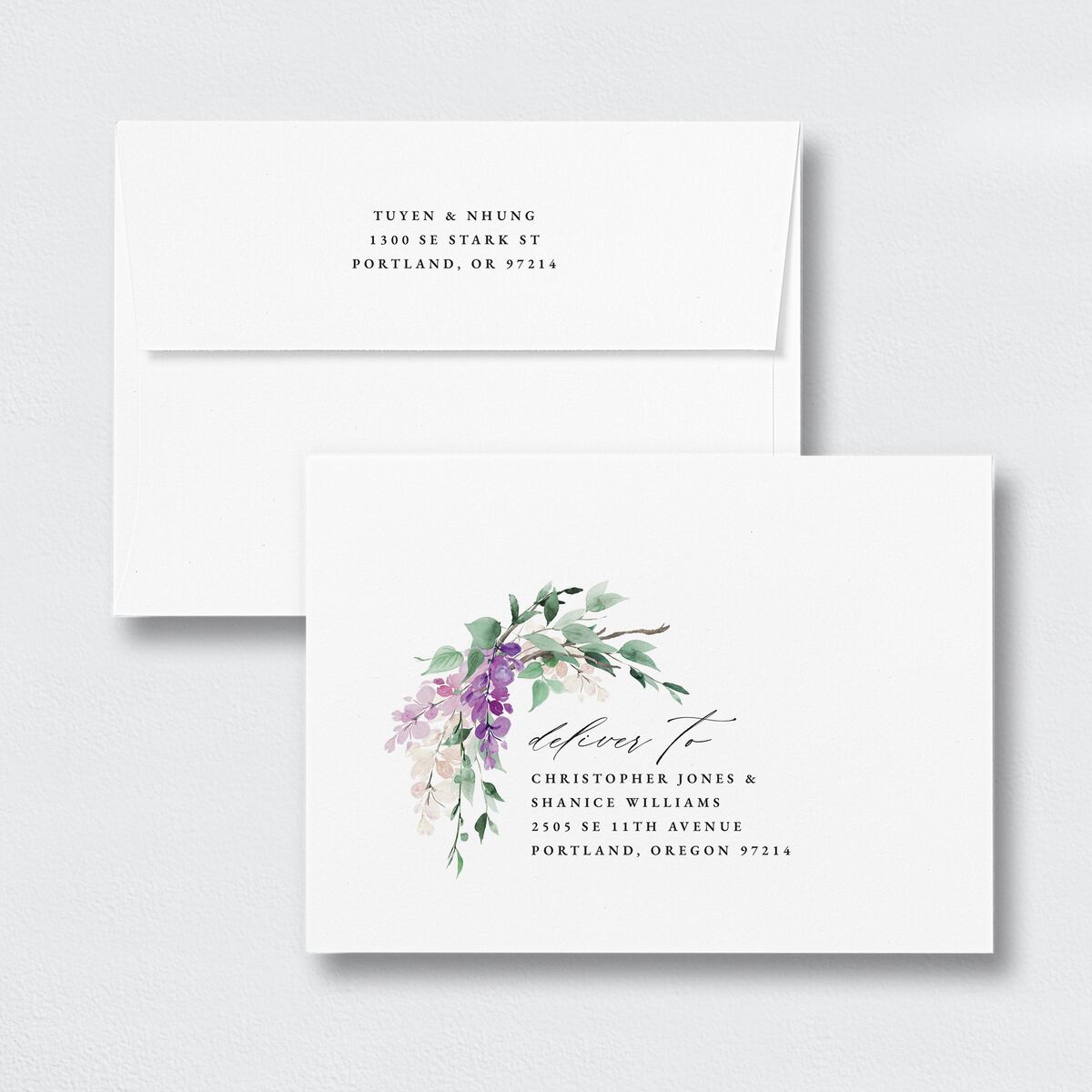 Sparkling Wisteria Save The Date Card Envelopes White Standard Iris Both Recipient and Return Addresses