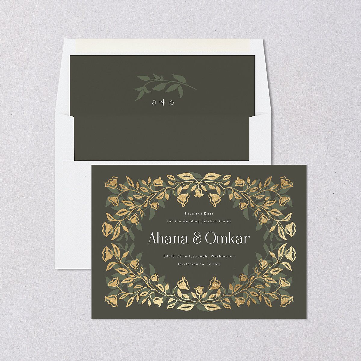 Rustic Nouveau Save the Date Cards Gold Hunter Green Signature smooth Blank No