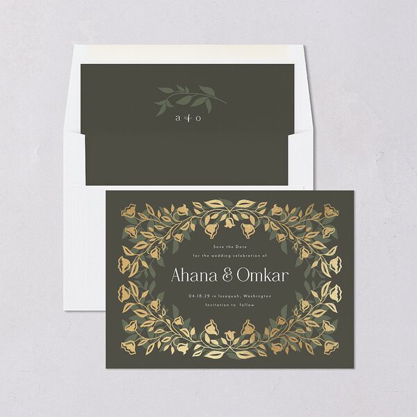 Rustic Nouveau Save the Date Cards Gold Hunter Green Signature smooth Blank No
