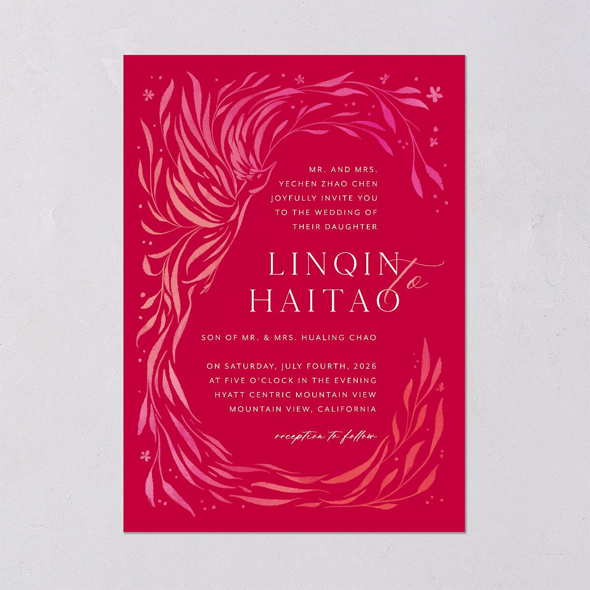 Chinese Phoenix Fenghuang Wedding Invitations Rose Pink Signature Blank No Standard