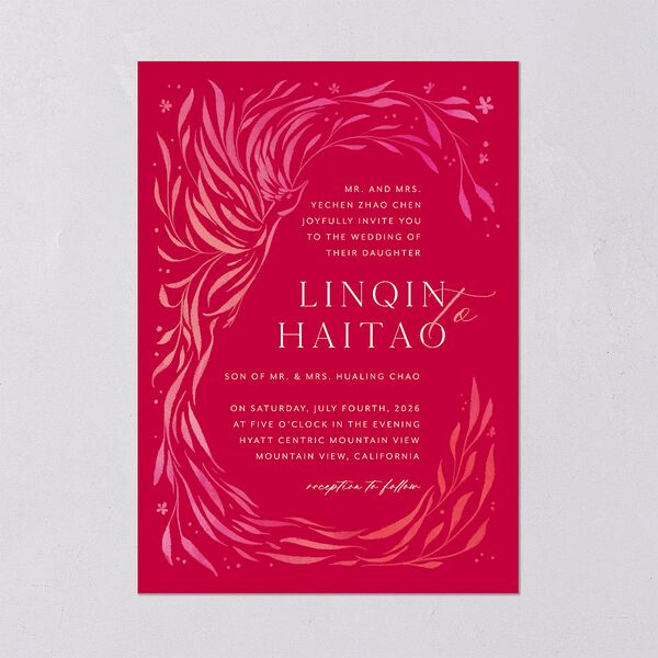 Chinese Phoenix Fenghuang Wedding Invitations Rose Pink Signature Blank No Standard