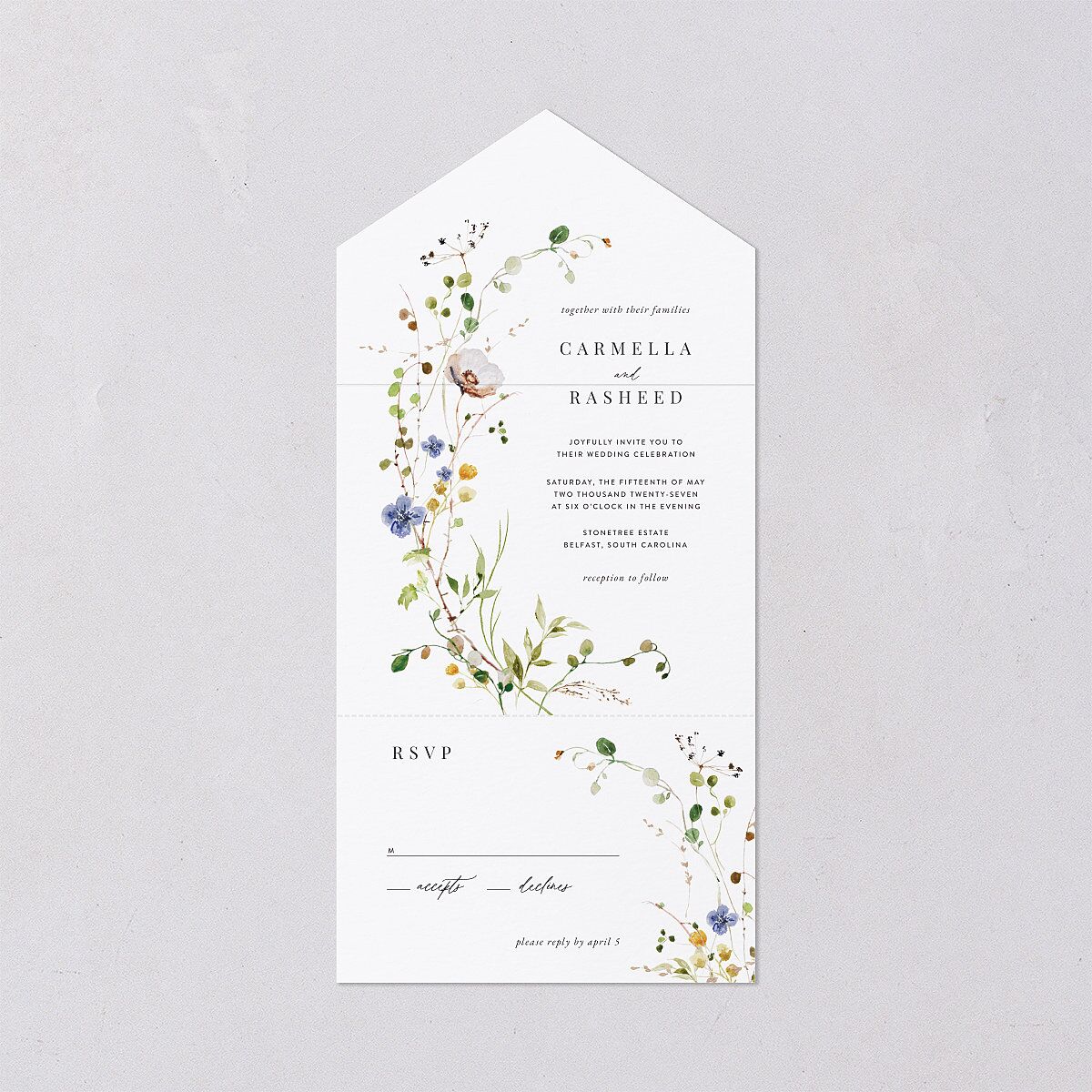 Delicate Wildflower All-in-One Wedding Invitations Pure White Signature Light Both Recipient and Return Addresses No