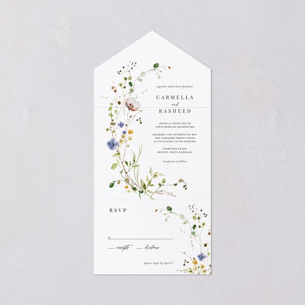 Delicate Wildflower All-in-One Wedding Invitations Pure White Signature Light Both Recipient and Return Addresses No