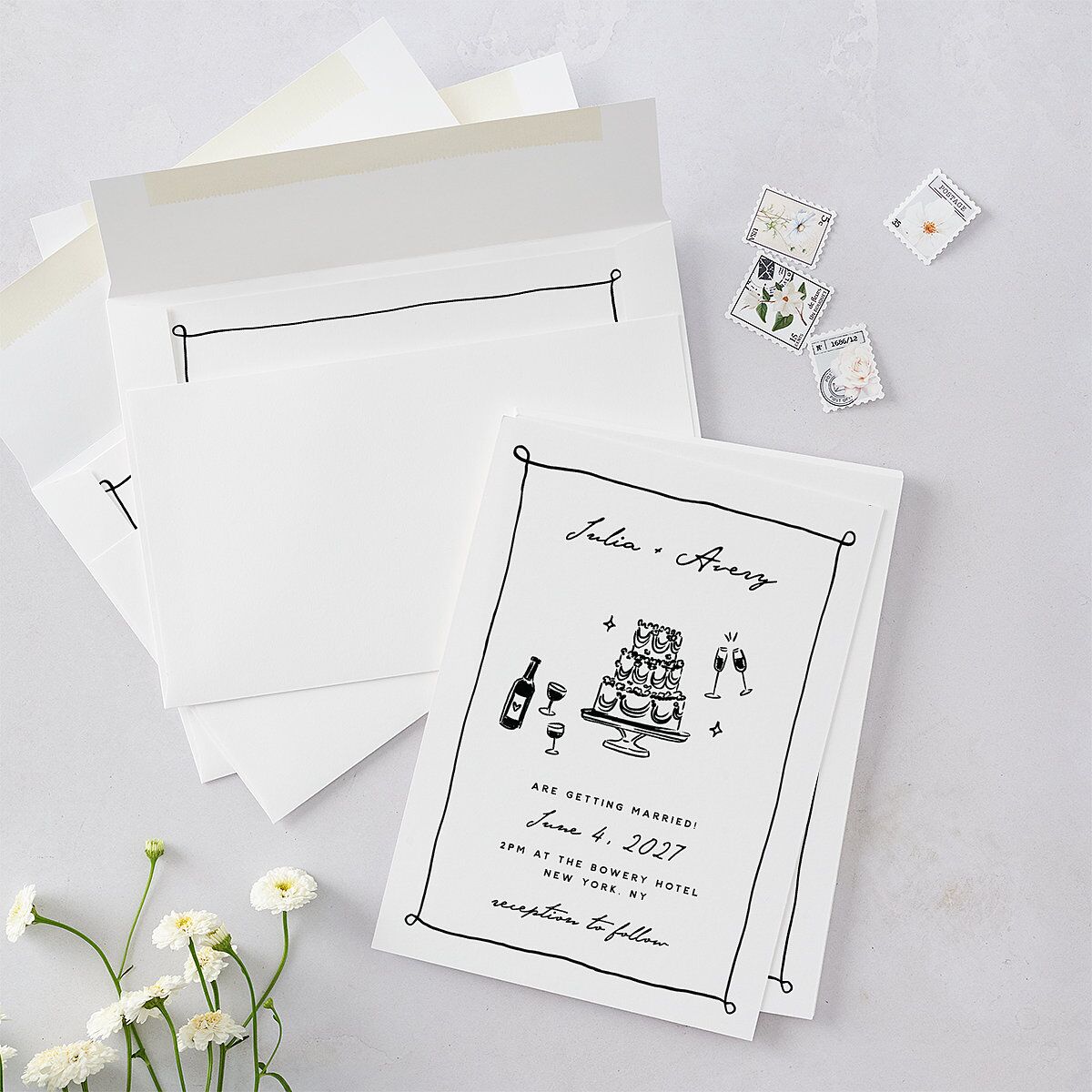Hand Drawn Cake Wedding Invitations Pure White Signature Blank No Standard