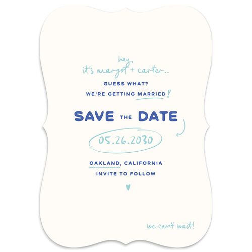Whimsically Retro Handwritten Note Save the Date Cards French Blue Signature smooth Blank No Bracket