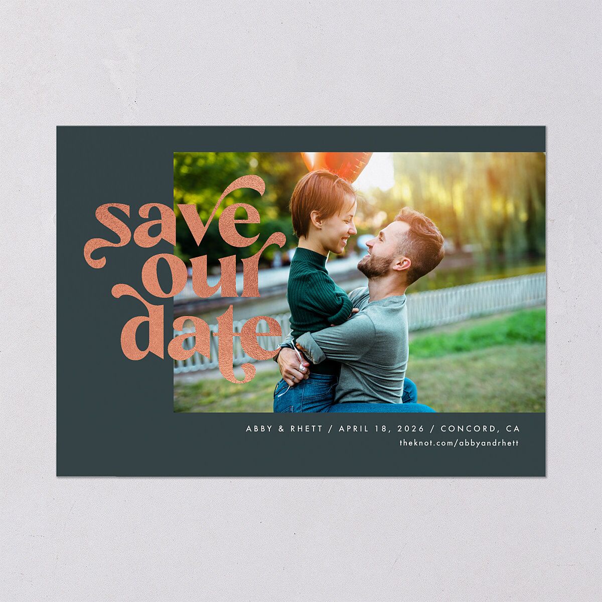 Save Our Date Save The Date Cards Rose Gold Dark Emerald Signature smooth Blank No Standard