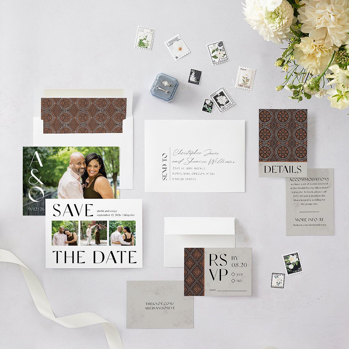 Sahara Pattern Save The Date Cards Deep Bronze Signature smooth Blank No Standard