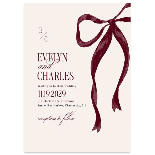 Whimsical Hand Drawn Bow Wedding Invitations Burgundy Signature Blank No Standard