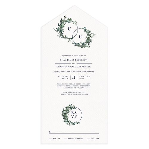 Leafy Hoops All-in-One Wedding Invitations Navy Signature Light Both Recipient and Return Addresses No