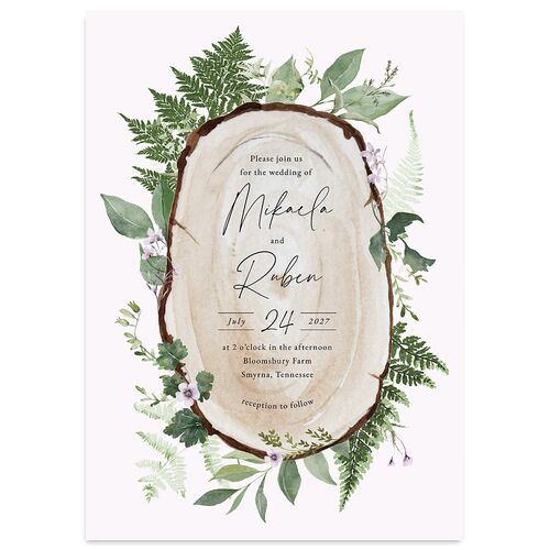 Fairytale Woodgrain Slab Wedding Invitations Purple Petal Signature Blank No