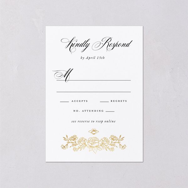 Rose Garden Crest Wedding Response Cards by Bridgerton Gold Pure White Signature Standard