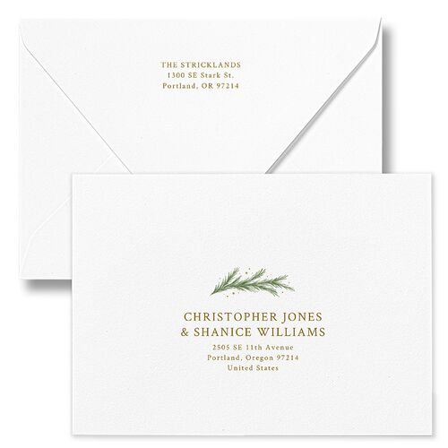 Rustic Garland Newlyweds First Christmas Holiday Card Euro Envelopes White Linen Both Recipient and Return Addresses Luxe Signature