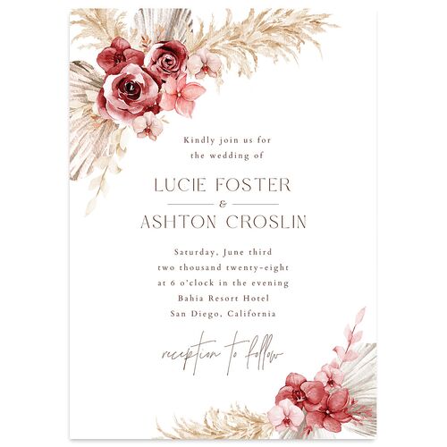 Pampas Floral Wedding Invitations Burgundy Signature Blank No Standard