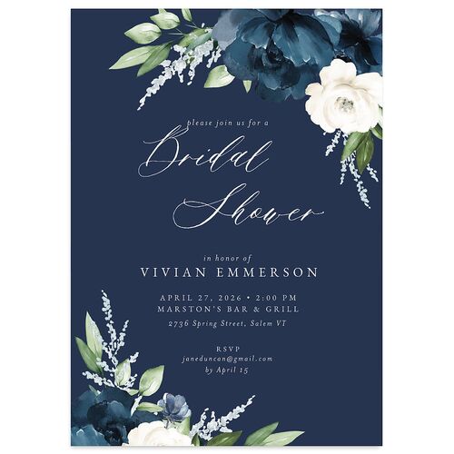 Beloved Floral Bridal Shower Invitations Moody Blue Signature Blank Standard