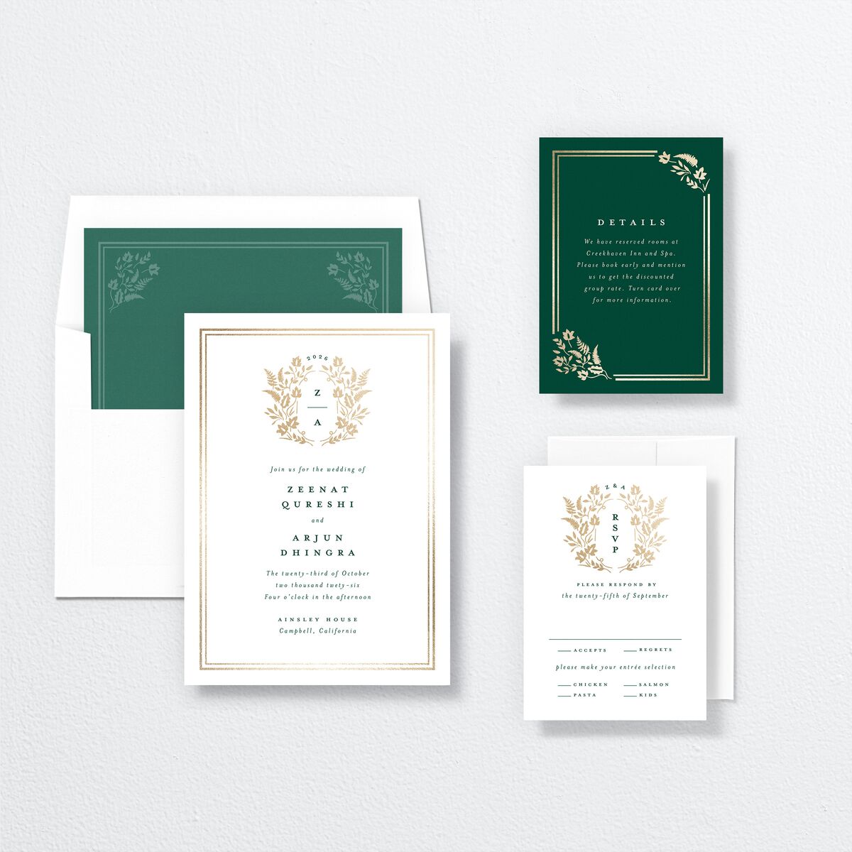 Rustic Kingdom Wedding Invitations Gold Dark Green Signature No
