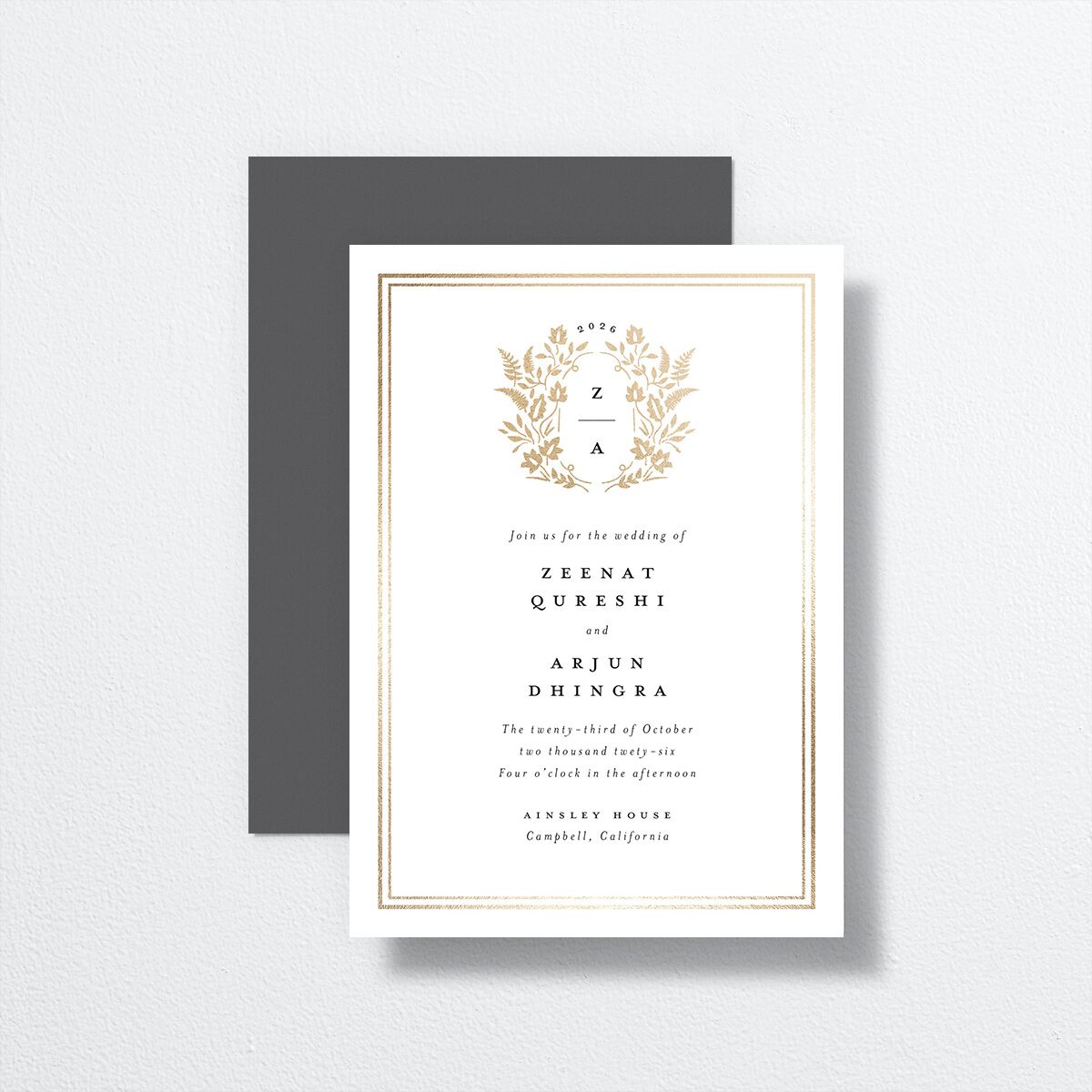 Rustic Kingdom Wedding Invitations front-and-back in grey