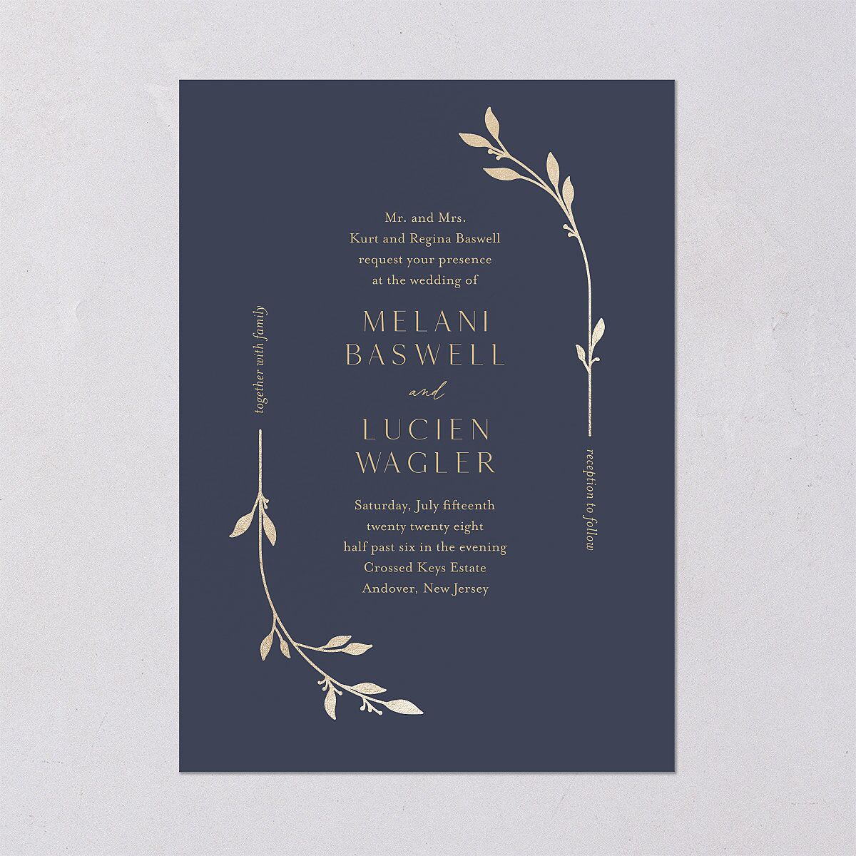 Gilded Sprigs Foil Wedding Invitations Gold Moody Blue Signature Blank No Standard