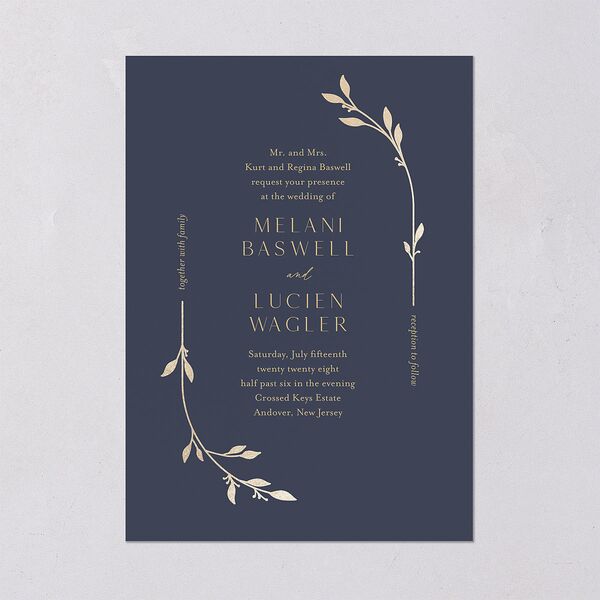 Gilded Sprigs Foil Wedding Invitations Gold Moody Blue Signature Blank No Standard