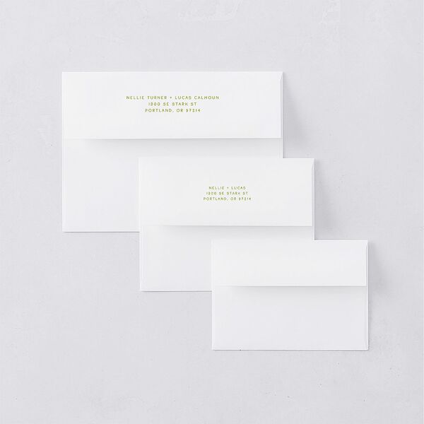 Modern Delicate Bows Save the Date Petite Card Envelopes Peridot White Both Recipient and Return Addresses Signature Standard