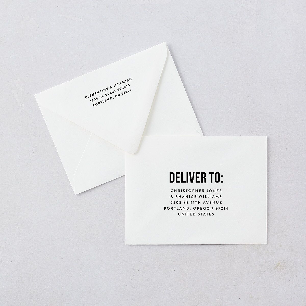 Bold Modern Announcement Save the Date Petite Card Euro Envelopes White Pure White Both Recipient and Return Addresses Luxe Signature
