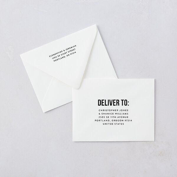 Bold Modern Announcement Save the Date Petite Card Euro Envelopes White Pure White Both Recipient and Return Addresses Luxe Signature