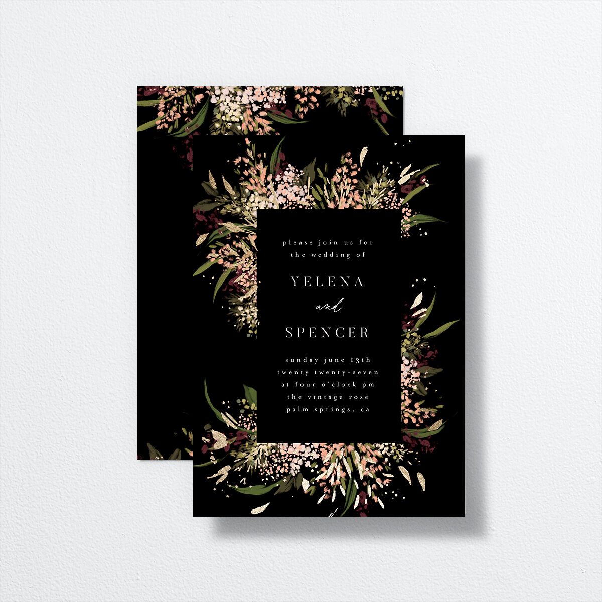 Moody Romance Wedding Invitations front-and-back in black