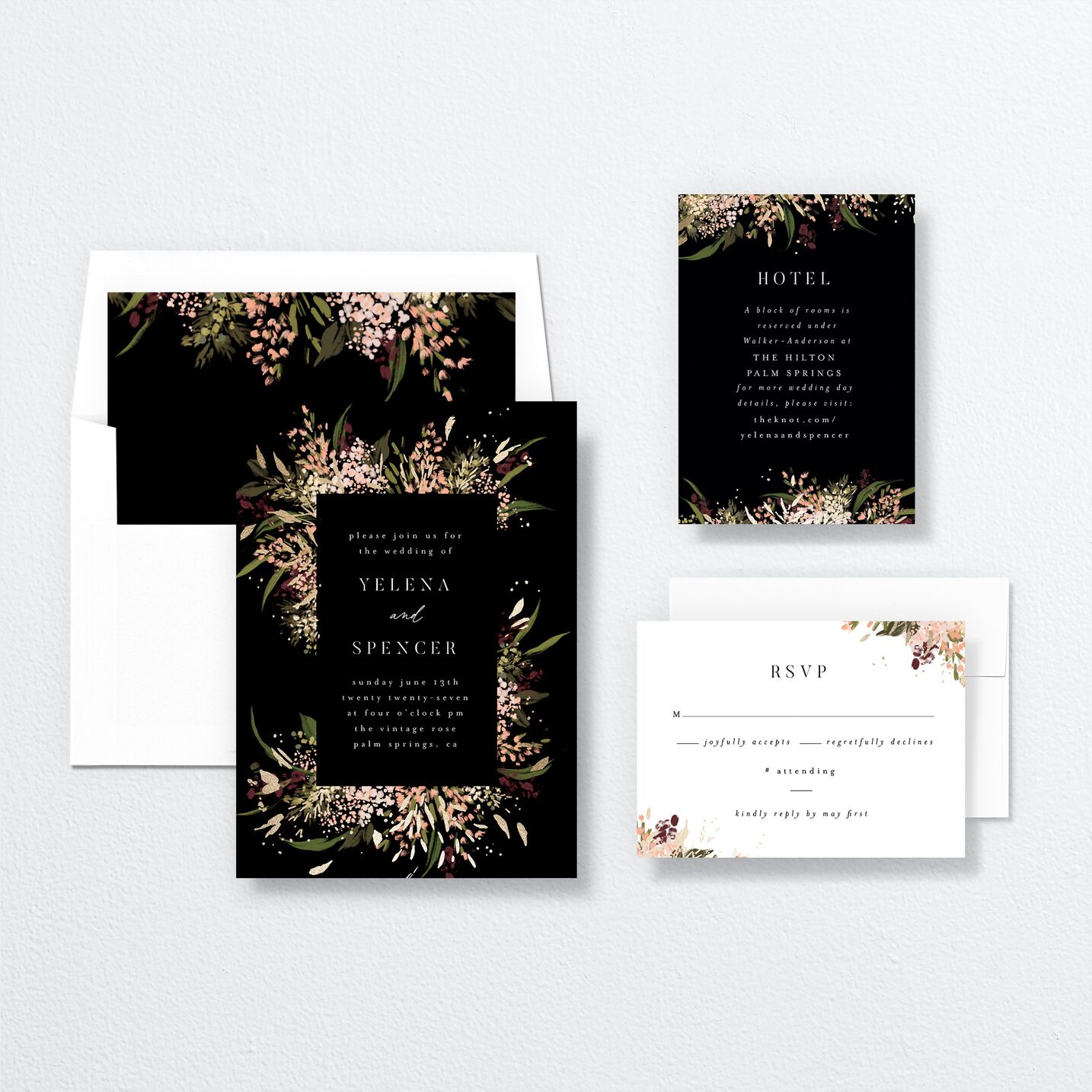 Moody Romance Wedding Invitations suite in black