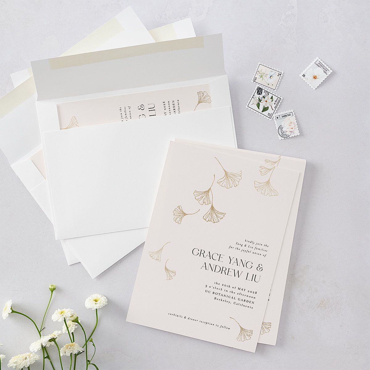Ginkgo Leaves Wedding Invitations Gold Peony Signature Blank No Standard