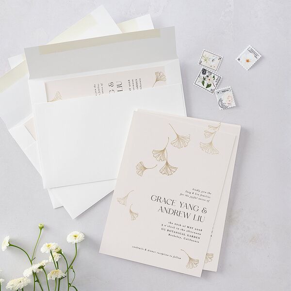 Ginkgo Leaves Wedding Invitations Gold Peony Signature Blank No Standard