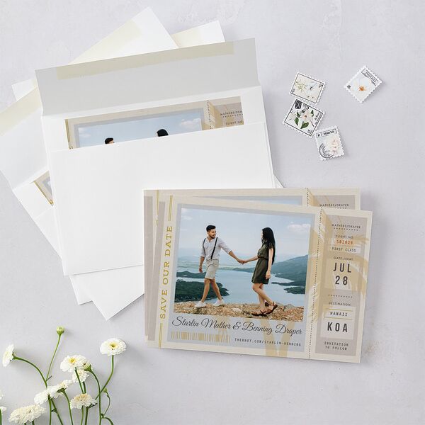 Retro Boarding Pass Travel Ticket Save The Date Cards Slate Signature smooth Blank No Standard