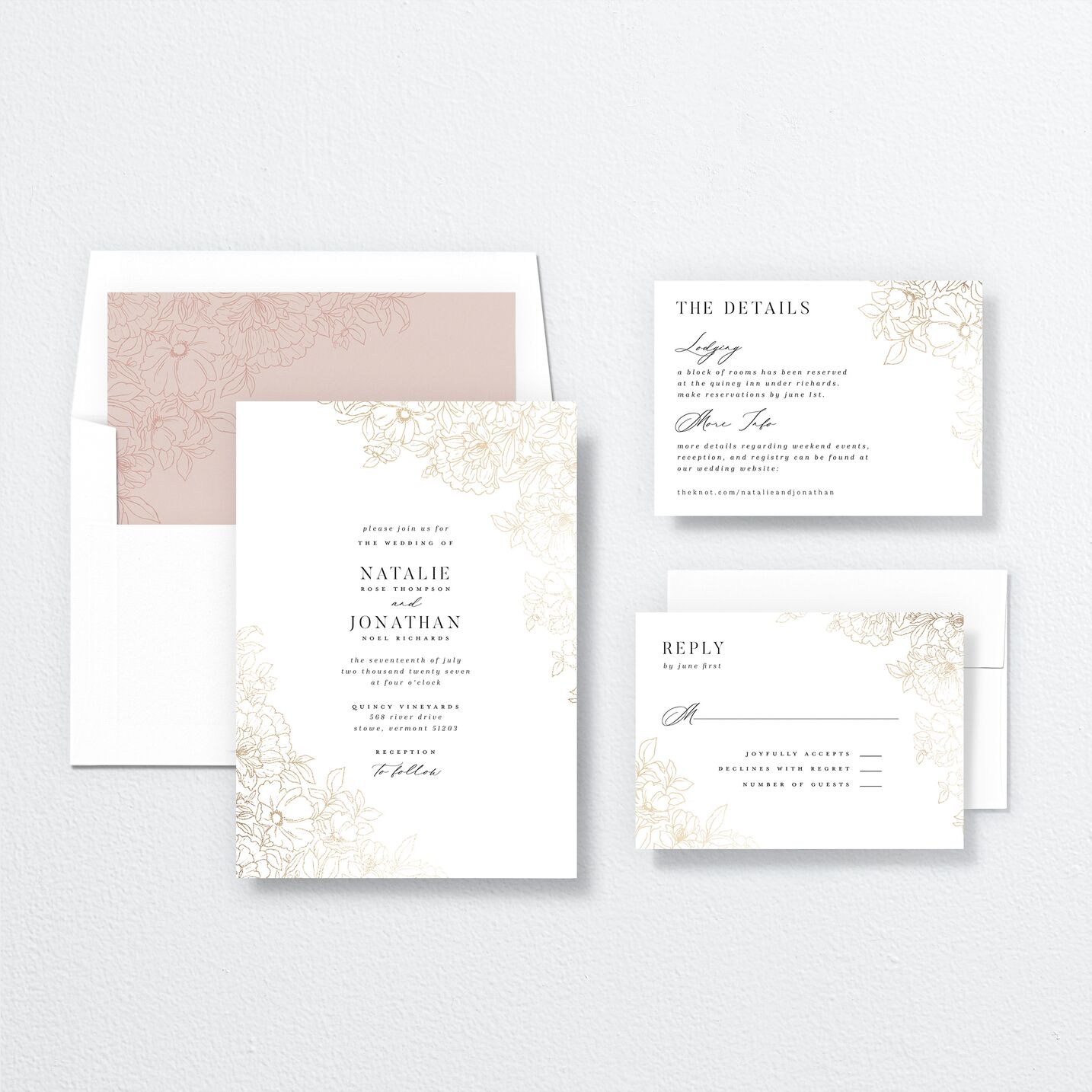 Gilded Florals Wedding Invitations suite in pink