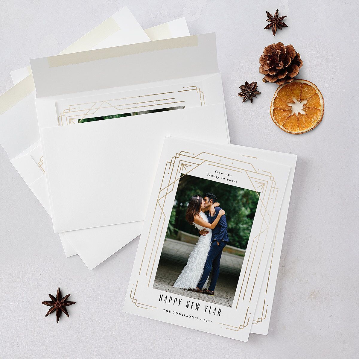 Gilded New Years Holiday Cards Gold Pure White Signature Blank Portrait Standard