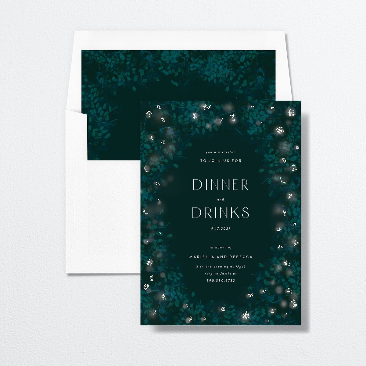 Moonlit Garden Rehearsal Dinner Invitations Dark Green Signature
