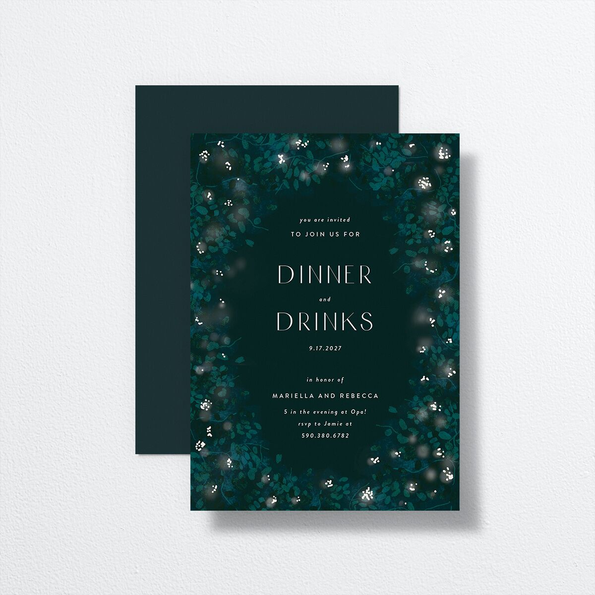 Moonlit Garden Rehearsal Dinner Invitations Dark Green Signature