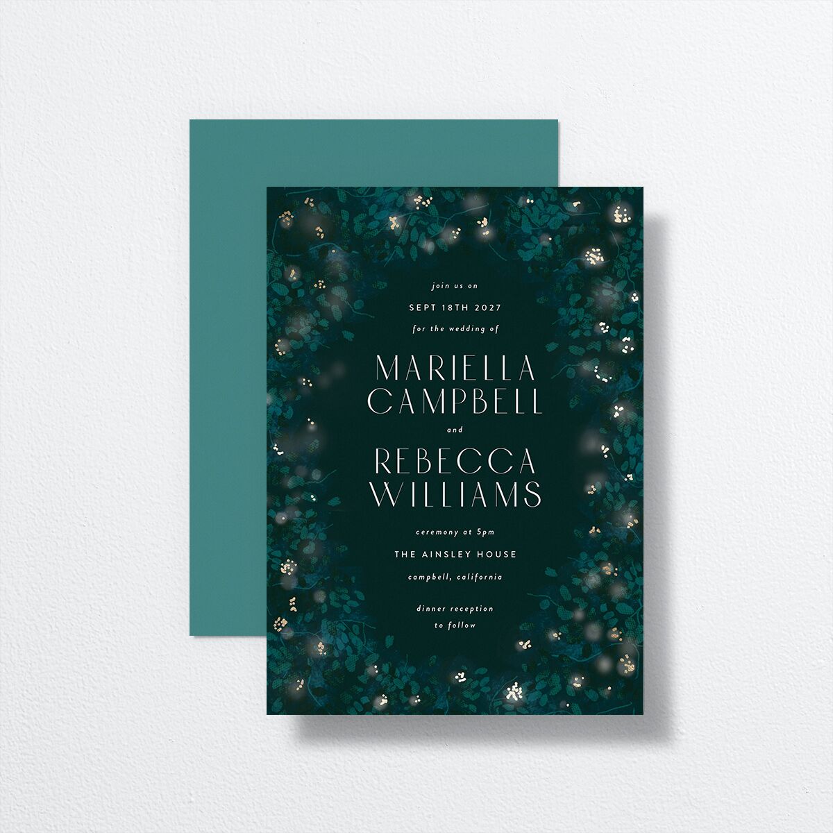 Moonlit Garden Wedding Invitations front-and-back in teal