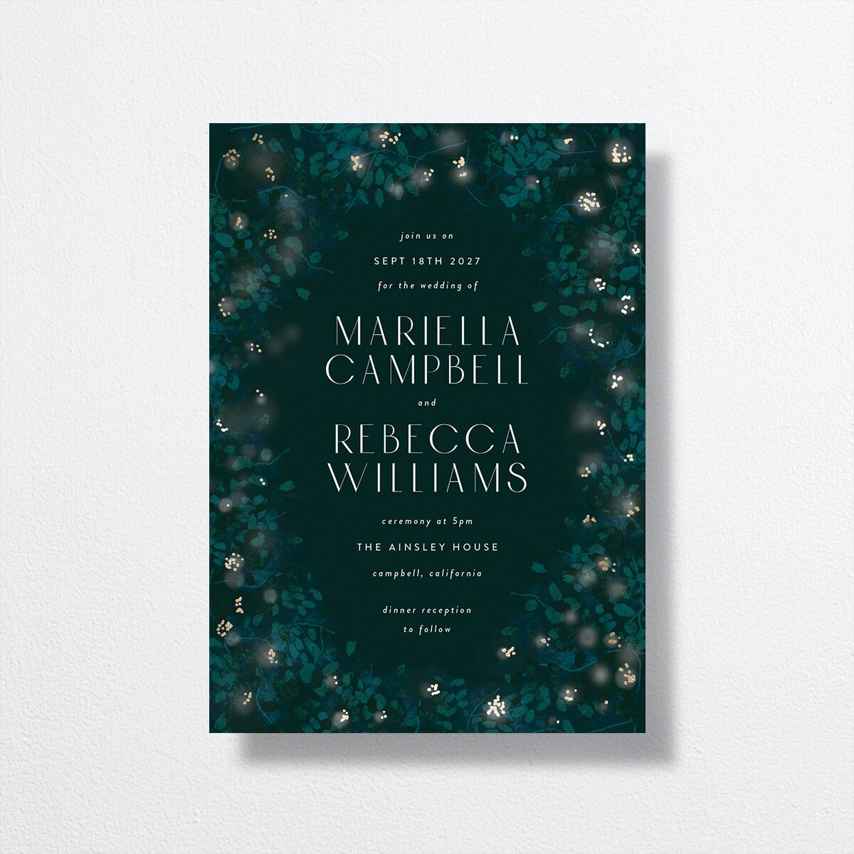 Moonlit Garden Wedding Invitations Gold Dark Green Signature No