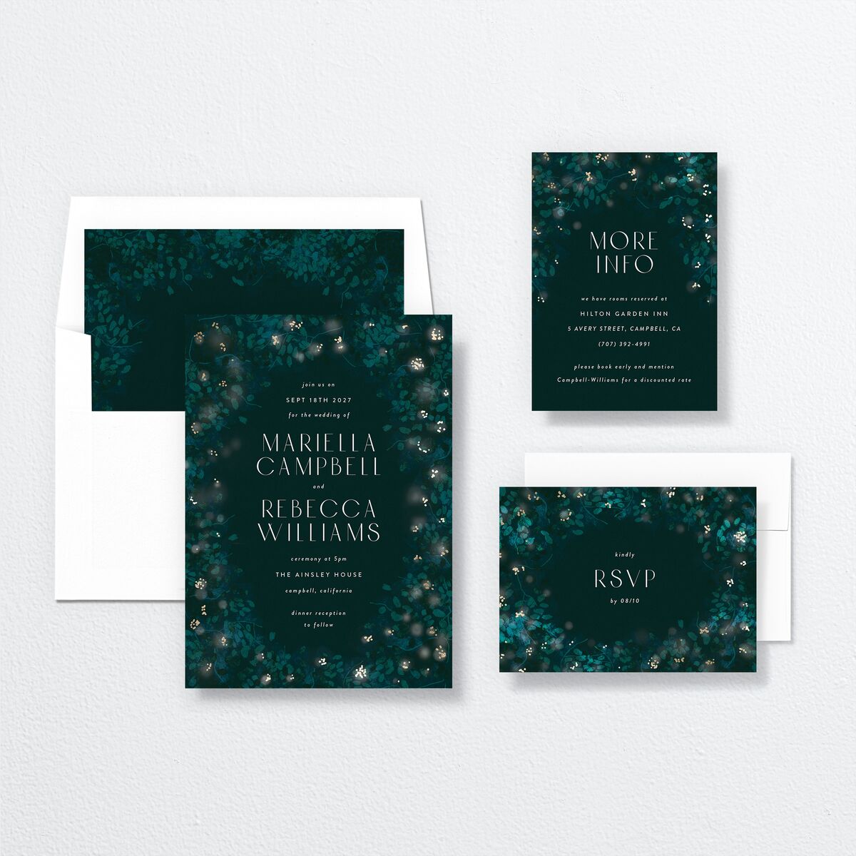Moonlit Garden Wedding Invitations Gold Dark Green Signature No