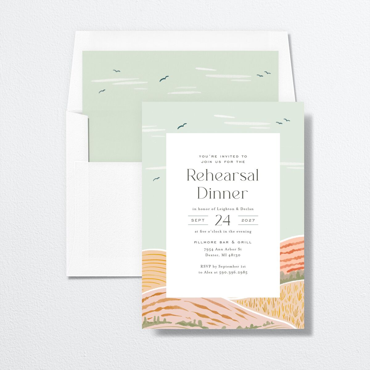 Rolling Hills Rehearsal Dinner Invitations Golden Green Signature