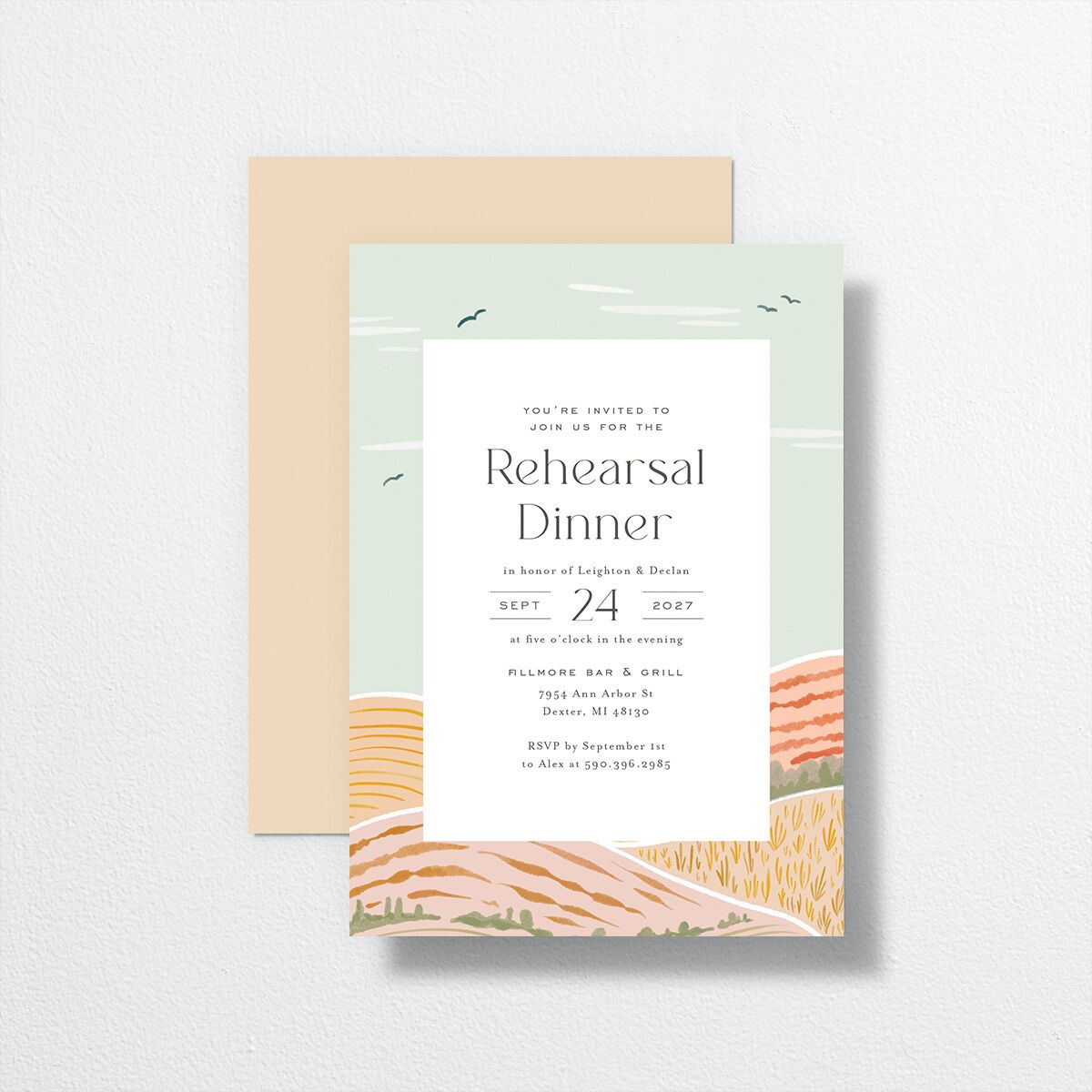 Rolling Hills Rehearsal Dinner Invitations Golden Green Signature