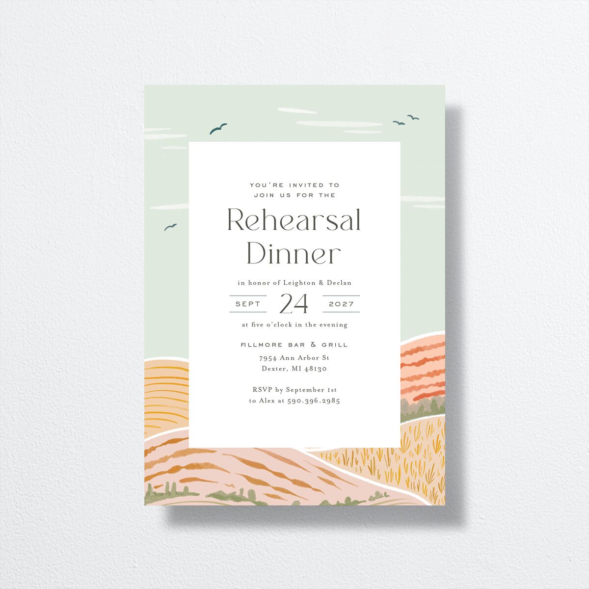 Rolling Hills Rehearsal Dinner Invitations Golden Green Signature