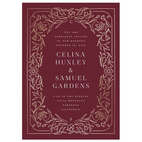 Floral Opulence Foil Wedding Invitations Gold Merlot Signature Blank No Standard