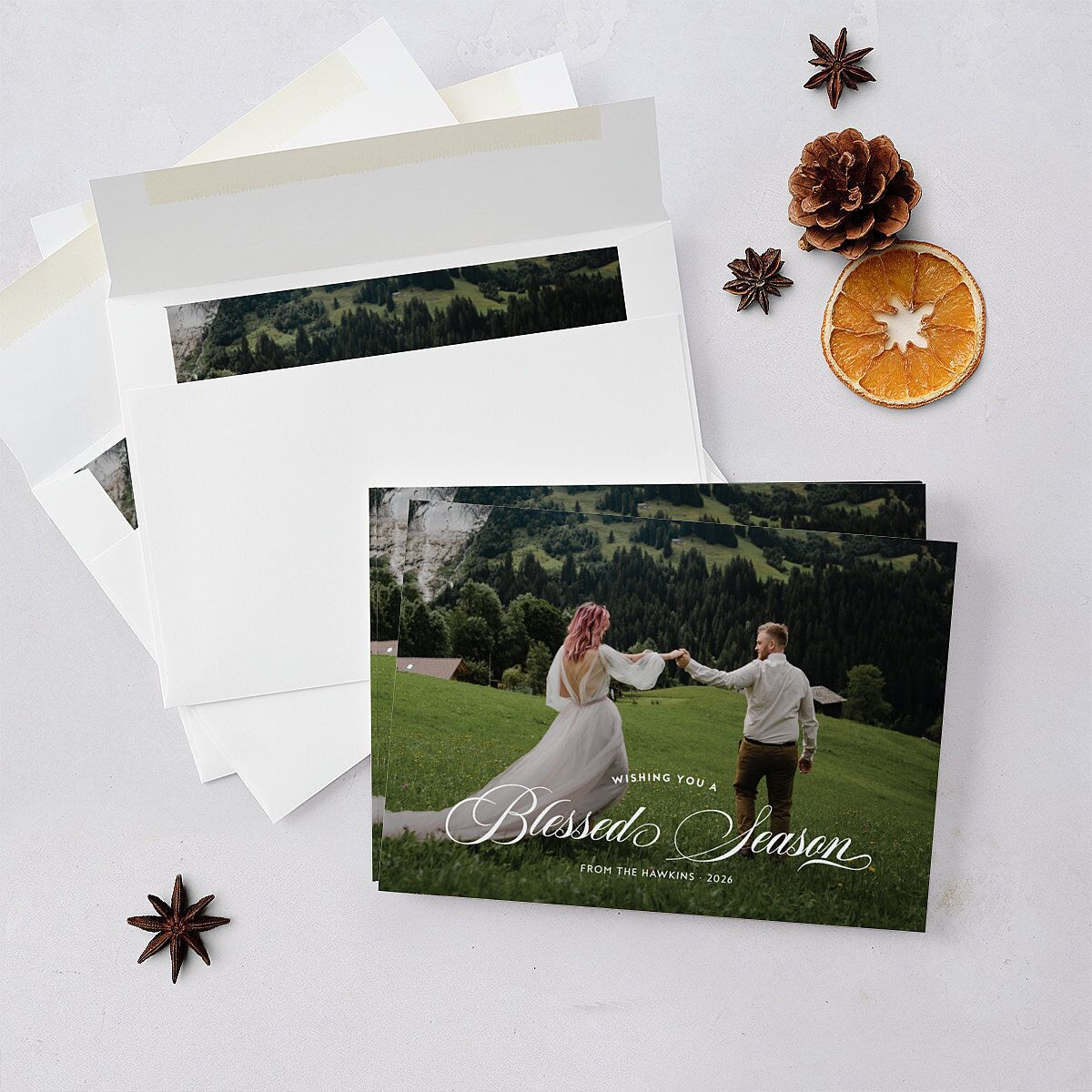 Blessed Season Holiday Cards Hunter Green Signature Blank Standard Landscape