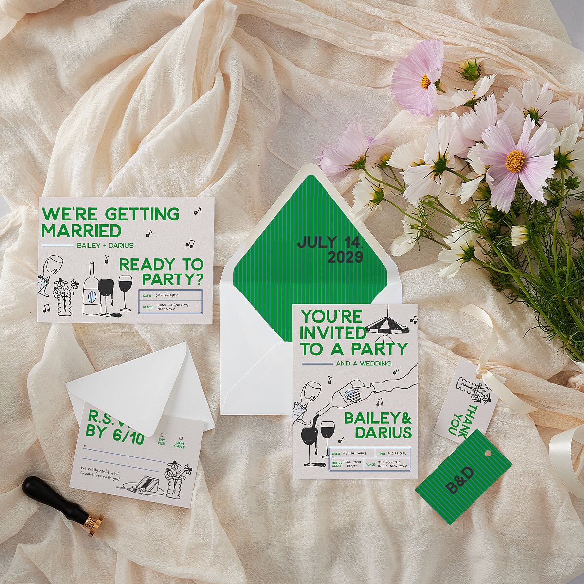 Hand Drawn Party Euro Envelope Liners Jewel Green Luxe