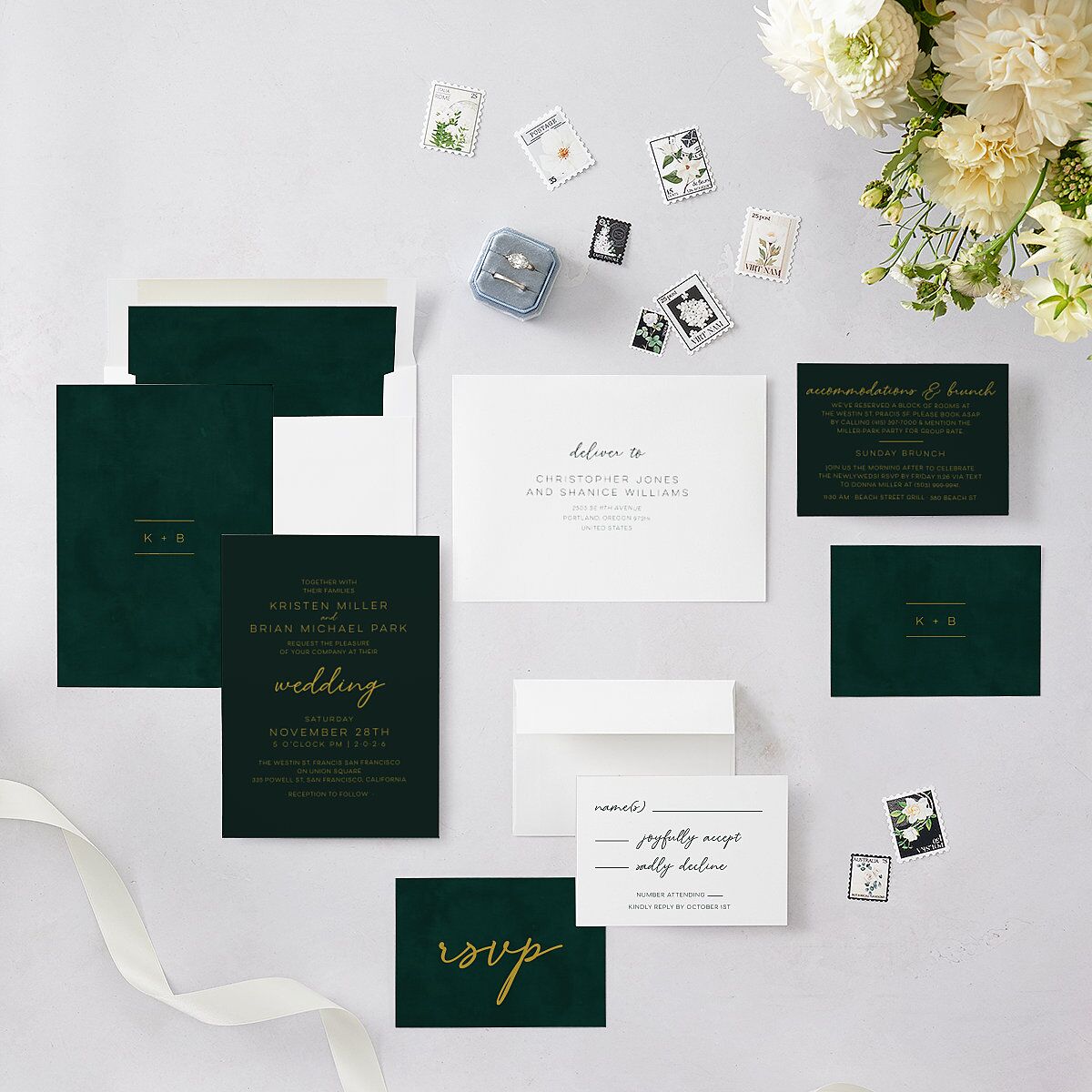 Gold Calligraphy Wedding Invitations Dark Green Signature Blank No Standard