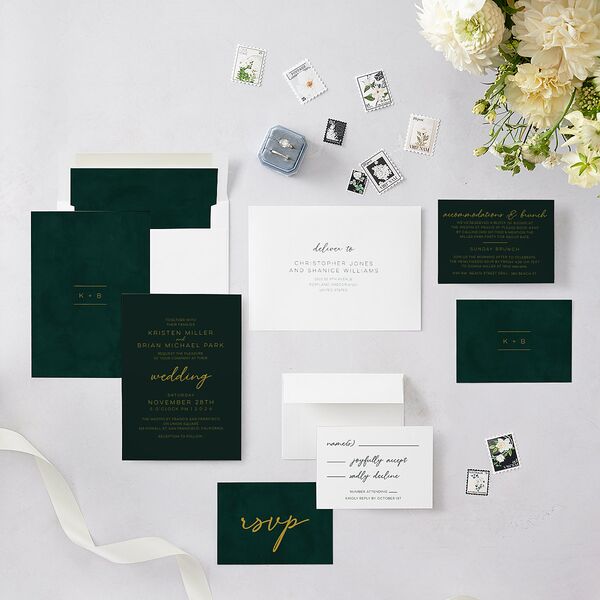 Gold Calligraphy Wedding Invitations Dark Green Signature Blank No Standard