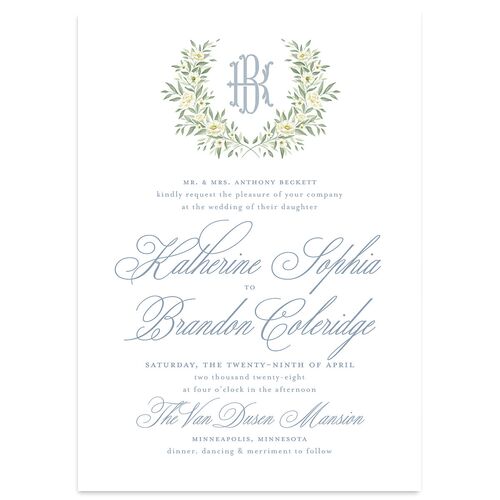 Luxury Floral Monogram Wedding Invitations Sea Blue Signature Blank No Standard