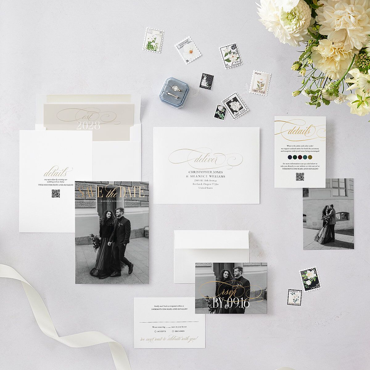 Polished Photo Foil Save the Date Cards Pure White Gold Signature smooth Blank Standard No